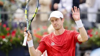 epa13038997 Botic Van De Zandschulp of the Netherlands celebrates winning his men's singles first round match against Henry Wendelken of Britain at the Queen's Club Championships tennis tournament in London, Britain, 15 June 2026.  EPA/TOLGA AKMEN