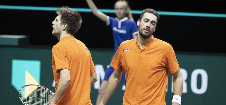 The Dutch David Pel (r) and Sander Arends in the doubles, losing to the French Jeremy Chardy and Fabrice Martin, in the first round of the ABN AMRO World Tennis Tournament. Due to the corona pandemic, the ATP tournament in Ahoy takes place without an audience. In Rotterdam, the Netherlands, 1 March 2021. ANP KOEN SUYK