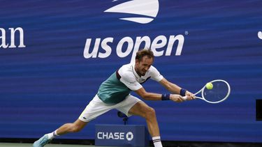 2023-09-06 21:55:33 Russia's Daniil Medvedev hits a return to Russia's Andrey Rublev during the US Open tennis tournament men's singles quarter-finals match at the USTA Billie Jean King National Tennis Center in New York City, on September 6, 2023. 
KENA BETANCUR / AFP