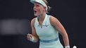 epa11825264 Suzan Lamens of Netherlands reacts during the Women's round 2 match against Belinda Bencic of Switzerland at the Australian Open tennis tournament in Melbourne, Australia, 15 January 2025.  EPA/ROLEX DELA PENA