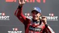 Ducati Lenovo Team's Spanish MotoGP rider Marc Marquez celebrates on the podium winning the MotoGP Sprint Race of the Moto Grand Prix of Catalonia at the Circuit de Catalunya on September 6, 2024 in Montmelo on the outskirts of Barcelona.  
Lluis GENE / AFP