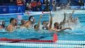 Serbia's players celebrate after winning the men's water polo gold medal match between Serbia and Croatia during the Paris 2024 Olympic Games at the Paris La Defense Arena in Paris on August 11, 2024. 
Andreas SOLARO / AFP