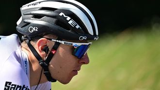 2023-07-09 16:36:59 UAE Team Emirates' Slovenian rider Tadej Pogacar wearing the best young rider's white jersey cycles during the 9th stage of the 110th edition of the Tour de France cycling race, 182,5 km between Saint-Leonard-de-Noblat and Puy de Dome, in central France, on July 9, 2023. 
Marco BERTORELLO / AFP