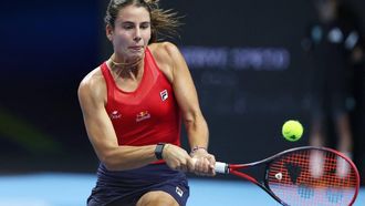 USA’s Emma Navarro hits a return to Britain’s Sonay Kartal during their women’s singles semi-final match at the Billie Jean King Cup tennis tournament in Shenzhen, in China’s southern Guangdong province on September 20, 2025. 
AFP