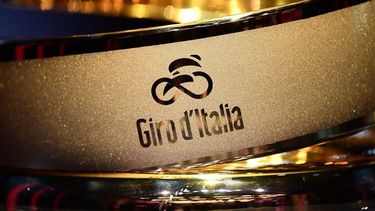 2019-10-24 17:00:12 The logo of the Giro d'Italia cycling race is pictured on the winner's 