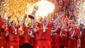 Denmark's players celebrate with the trophy on the podium after winning the final match of the IHF Men's Handball World Championship between Croatia and Denmark in Oslo, Norway on February 2, 2025. 
Jonathan NACKSTRAND / AFP