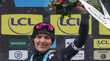 Tudor Pro Cycling Team's Australian rider Michael Storer celebrates on the podium after winning the 7th stage of the Paris-Nice cycling race, 109,3 km between Nice and Auron, on March 15, 2025. 
Anne-Christine POUJOULAT / AFP