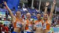 epa12203618 Women team of Netherlands celebrate after winning the 4x100 meters relay event at the European Athletics Team Championships at Vallehermoso Stadium, in Madrid, Spain, 28 June 2025.  EPA/SERGIO PEREZ