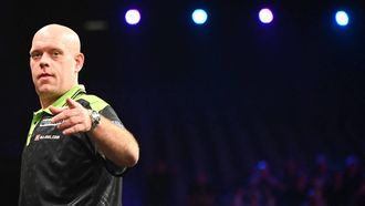 Netherlands' Michael van Gerwen reacts during the final darts match against Wales' Gerwyn Price (not seen) on Night 2 of the Premier League Darts event in Antwerp on February 12, 2026. 
ELIAS ROM / Belga / AFP