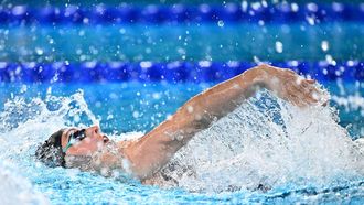 Netherlands' Marrit Steenbergen  competes in  a semi-final of the women's 100m backstroke swimming event during the LEN European Aquatics Championships at the Olympic Aquatic Centre in Saint-Denis, northern suburbs of Paris, on August 14, 2026. 
JULIEN DE ROSA / AFP