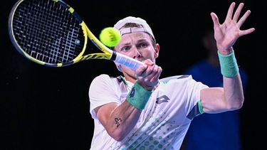 Dutch Jesper de Jong hits a return to French Manuel Guinard during their ATP European Open Tennis tournament in Antwerp on October 17, 2022. 
LAURIE DIEFFEMBACQ / Belga / AFP