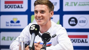2023-07-01 02:00:00 Belgian Remco Evenepoel of Soudal Quick-Step smiles during a press conference for the new REV Brussels cycling academy after the first edition of the R.EV Ride, Schepdaal, Dilbeek on July 1, 2023, which follows Evenepoel's favourite training routes through the Pajottenland, the Flemish Ardennes and the Pays des Collines.  
Tom Goyvaerts / Belga / AFP
