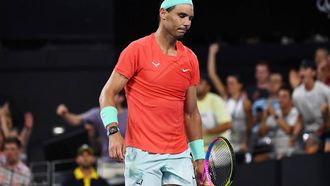 epa11058786 Rafael Nadal of Spain reacts during his quarter-final match against Jordan Thompson of Australia at the 2024 Brisbane International tennis tournament in Brisbane, Australia, 05 January 2024.  EPA/JONO SEARLE AUSTRALIA AND NEW ZEALAND OUT  EDITORIAL USE ONLY  EDITORIAL USE ONLY
