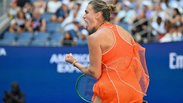 Belarus's Aryna Sabalenka reacts as she plays Czech Republic's Linda Noskova in their women's singles quarter-final tennis match on day ten of the US Open tennis tournament at the USTA Billie Jean King National Tennis Center in New York on September 8, 2026. 
ANGELA WEISS / AFP