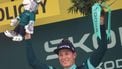 2023-07-21 17:34:24 epa10760494 Belgian rider Jasper Philipsen of team Alpecin-Deceuninck celebrates on the podium retaining the best sprinter's green jersey after the 19th stage of the Tour de France 2023, a 173kms race from Moirans-en-Montagne to Poligny, France, 21 July 2023.  EPA/MARTIN DIVISEK