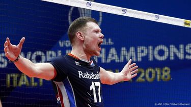 epa07023578 Michael Parkinson of the Netherlands reacts during the FIVB Men's World Championship First Round Pool B match between the Netherlands and Brazil in Ruse, Bulgaria, 15 September 2018.  EPA/ROBERT GHEMENT