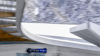 epa09768007 Brad Hall of Great Britain and his team in action during training for the four-man bobsled competition at the Beijing 2022 Olympic Games at the Yanqing National Alpine Ski Centre Skiing, Beijing municipality, China, 18 February 2022.  EPA/JEAN-CHRISTOPHE BOTT