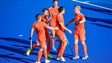Netherlands' Pepijn van der Heijdan (2nd R) celebrates his goal with teammates during the men's field hockey match between the Netherlands and Spain in the FIH Hockey Pro League in Sydney on February 7, 2025. 
Izhar KHAN / AFP