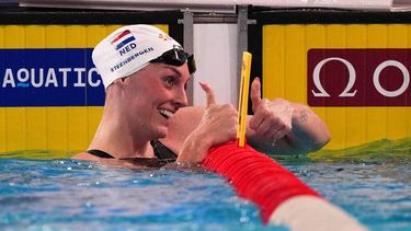 Netherlands' Marrit Steenbergen reatcs after a semi-final of the women's 100m freestyle swimming event during the LEN European Aquatics Championships at the Olympic Aquatic Centre in Saint-Denis, northern suburbs of Paris, on August 10, 2026. 
Dimitar DILKOFF / AFP
