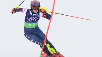 epa12723793 Mikaela Shiffrin of USA in action during the Slalom of the Women's Team Combined of the Alpine Skiing competitions at the Milano Cortina 2026 Winter Olympic Games, Tofane ski centre in Cortina d'Ampezzo, Italy, 10 February 2026.  EPA/ANDREA SOLERO