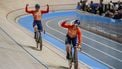 epa11663378 Harrie Lavreysen (back) and Jeffrey Hoogland of Netherlands celebrate winning the men's team sprint finals of the UCI Track Cycling World Championships at the Ballerup Super Arena in Ballerup, Denmark, 16 October 2024.  EPA/THOMAS TRAASDAHL  DENMARK OUT