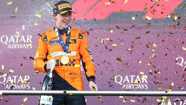 epa11605731 Australian driver Oscar Piastri of McLaren F1 Team celebrates after winning the 2024 Formula One Grand Prix of Azerbaijan, at the Baku City Circuit in Baku, Azerbaijan, 15 September 2024.  EPA/ALI HAIDER