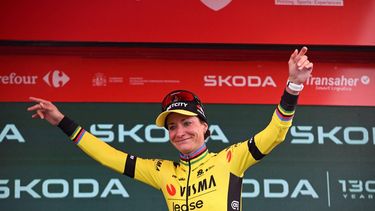 Points ranking leader Team Visma-Lease a Bike's Dutch rider Marianne Vos celebrates on the podium after the 7th stage of the 2025 La Vuelta Femenina cycling tour of Spain, a 152.6 km race from La Robla to Cotobello, on May 10, 2025. 
MIGUEL RIOPA / AFP