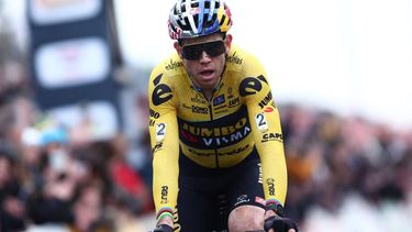 Belgian Wout van Aert crosses the finish line to win the Men Elite race, stage 6 out of 8 of the Superprestige competition at the cyclocross cycling event in Heusden-Zolder on December, 27 2023. 
DAVID PINTENS / Belga / AFP