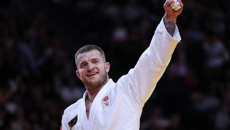 2023-02-05 18:56:34 Netherland's Korrel Michael reacts after winning against UAE's Dzhafar Kostoev during the final of the men's -100kg category at the Paris Grand Slam judo tournament in Paris on February 5, 2023. 
Anne-Christine POUJOULAT / AFP