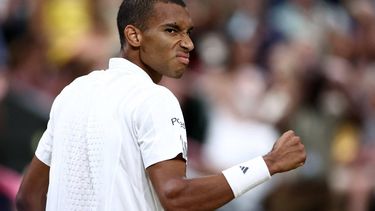 Canada's Felix Auger-Aliassime celebrates winning the fourth set against Serbia's Novak Djokovic during their men's singles quarter-final tennis match on the ninth day of the 2026 Wimbledon Championships at The All England Lawn Tennis and Croquet Club in Wimbledon, southwest London, on July 7, 2026. 
Henry Nicholls / AFP
