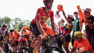 2023-07-01 17:14:35 Uno-X Pro Cycling Team's Norwegian rider Rasmus Tiller cycles in the ascent of the Col de Pike during the 1st stage of the 110th edition of the Tour de France cycling race, 182 km departing and finishing in Bilbao, in northern Spain, on July 1, 2023. 
Anne-Christine POUJOULAT / AFP