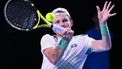Dutch Jesper de Jong hits a return to French Manuel Guinard during their ATP European Open Tennis tournament in Antwerp on October 17, 2022. 
LAURIE DIEFFEMBACQ / Belga / AFP