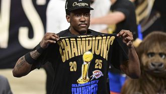 epa12192028 Oklahoma City Thunder forward Jalen Williams celebrates following the Oklahoma City Thunder win of the NBA finals, defeating the Indiana Pacers in game seven, at the Paycom Center in Oklahoma City, Oklahoma, USA, 22 June 2025.  EPA/MANUELA SOLDI SHUTTERSTOCK OUT