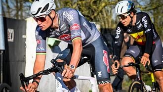 Alpecin-Deceuninck team Dutch Mathieu van der Poel (L) and Lotto Cycling Team Belgium's Arnaud De Lie compete during the Ename Samyn Classic, one day cycling race of 199,1 Km from Quaregnon to Dour, on March 4, 2025. 
Tom Goyvaerts / Belga / AFP