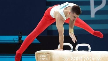 epa11522933 Max Whitlock of Great Britain performs during the Men's Pommel Horse final of the Artistic Gymnastics competitions in the Paris 2024 Olympic Games, at the Bercy Arena in Paris, France, 03 August 2024.  EPA/YAHYA ARHAB