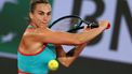 Belarus' Aryna Sabalenka plays a backhand return to Russia's Kamilla Rakhimova during their women's singles match on day 1 of the French Open tennis tournament on Court Philippe-Chatrier at the Roland-Garros Complex in Paris on May 25, 2025. 
Alain JOCARD / AFP