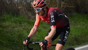 British Geraint Thomas, Team Ineos Grenadiers rides during the 18th one-day classic 'Strade Bianche' (White Roads) cycling race between Siena and Siena, Tuscany, on March 2, 2024. 
Marco BERTORELLO / AFP