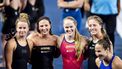DOHA - Tes Schouten, Kim Busch, Maaike de Waard en Kira Toussaint na afloop van de 4 x 100 wissel vrouwen tijdens de laatste dag van de wereldkampioenschappen langebaan zwemmen. De WK was een van de mogelijkheden voor de Nederlandse zwemmers om limieten te zwemmen voor de Spelen van Parijs in 2024. ANP KOEN VAN WEEL