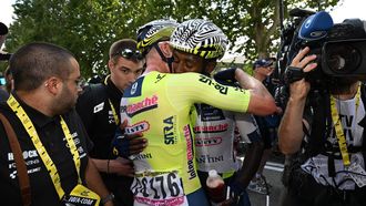 epa11450121 Eritrean rider Biniam Girmay (R) of Intermarche-Wanty celebrates with teammate Dutch rider Mike Teunissen after he wins the the third stage of the 2024 Tour de France cycling race over 230km from Piacenza to Turin, Italy, 01 July 2024.  EPA/TIM DE WAELE / POOL