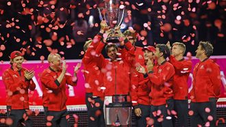 epaselect epa12397042 (L-R) Team World's Alex de Minaur of Australia, Captain Andre Agassi of the USA, Alex Michelsen of the USA, Taylor Fritz Reilly Opelka of the USA, Joao Fonseca of Brazil, Francisco Cerundolo of Argentina, Jenson Brooksby of the USA, and Vice Captain Pat Rafter of Australia pose with the Laver Cup trophy after defeating Team Europe during Day 3 of the Laver Cup tennis tournament in San Francisco, California, USA, 21 September 2025.  EPA/JOHN G. MABANGLO