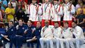 Gold medallists team China (C), silver medallists Team USA (L) and bronze medallists Team France pose on  the podium of the men's 4x100m medley relay final swimming event during the Paris 2024 Olympic Games at the Paris La Defense Arena in Nanterre, west of Paris, on August 4, 2024. 
Jonathan NACKSTRAND / AFP