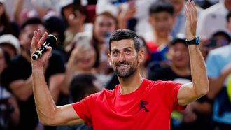 epa12441782 Novak Djokovic of Serbia celebrates after winning his Men's Singles quarterfinals match against Zizou Bergs of Belgium at the Shanghai Masters tennis tournament in Shanghai, China, 09 October 2025.  EPA/ALEX PLAVEVSKI