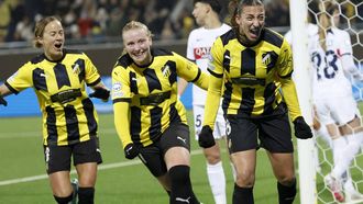 Hacken's Swedish forward #08 Rusul Rosa Kafaji (R) celebrates scoring the 1-1 goal her with team-mates Aivi Hacken's Australian midfielder #03 Aivi Luik (L) and Hacken's Danish midfielder #21 Johanna Sorensen during the UEFA Women's Champions League quarter-final, first-leg football match between Hacken and Paris Saint-Germain at Hisingen Arena, Gothenburg, Sweden on March 20, 2024.
 
Adam IHSE / TT News Agency / AFP