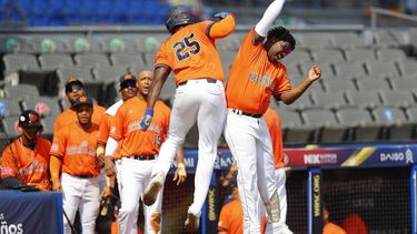 epa11712385 Denzel Richardson (C) of the Netherlands celebrates a run against Panama in a World Baseball and Softball Confederation (WBSC) Premier 12 game held at the Pan American Baseball Stadium, in Guadalajara, Jalisco, Mexico 09 November 2024.  EPA/Francisco Guasco
