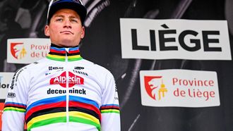 Alpecin-Deceuninck's Dutch rider Mathieu van der Poel reacts on the podium at the end of the Liege-Bastogne-Liege one day cycling race, 254,5 km round-trip from Liege to Liege via Bastogne, on April 21, 2024. 
DIRK WAEM / Belga / AFP
