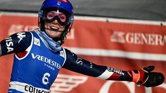 USA's Mikaela Shiffrin reacts after crossing the finish line at the end of her second run of the women's Slalom of the FIS Alpine Skiing 2024/2025 World Cup event in Courchevel, French Alps, on January 30, 2025.  
Jeff PACHOUD / AFP