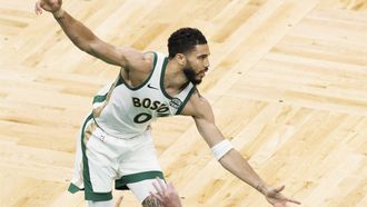 epa11221445 Boston Celtics forward Jayson Tatum gestures following a three point shot during the first half of the NBA game between the Boston Celtics and the Phoenix Suns in Boston, Massachusetts, USA, 14 March 2024.  EPA/CJ GUNTHER  SHUTTERSTOCK OUT