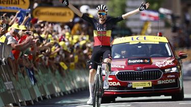 epa12249660 Belgian rider Tim Wellens of UAE Team Emirates celebrates his victory during the 15th stage of the Tour de France cycling race over 169.3km from Muret to Carcassonne, France, 20 July 2025.  EPA/MARTIN DIVISEK