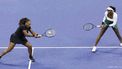 epa10153731 Serena Williams (L) and Venus Williams (R) of the USA in action during their first round women's doubles match against Linda Noskova and Lucie Hradecka of the Czech Republic during the US Open Tennis Championships at the USTA National Tennis Center in in Flushing Meadows, New York, USA, 01 September 2022. The US Open runs from 29 August through 11 September.  EPA/CJ GUNTHER