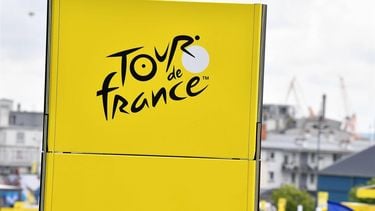 Illustration picture shows the logo of the Tour de France at the start of the first stage of the 108th edition of the Tour de France cycling race, 197,8km from Brest to Landerneau, France, Saturday 26 June 2021. This year's Tour de France takes place from 26 June to 18 July 2021. BELGA PHOTO PETE GODING